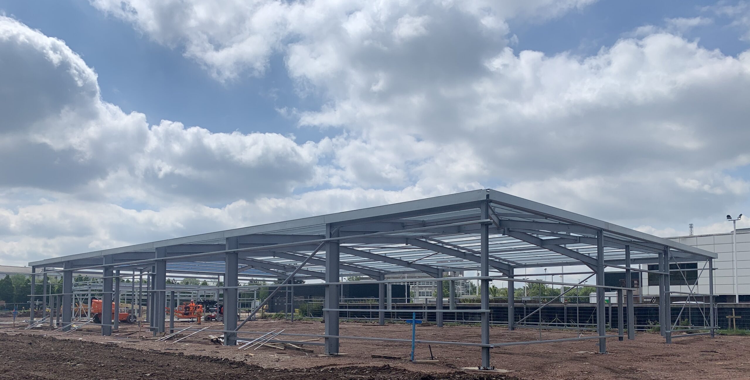 A full view image of the steel frame in progress at Ferrari in Leeds